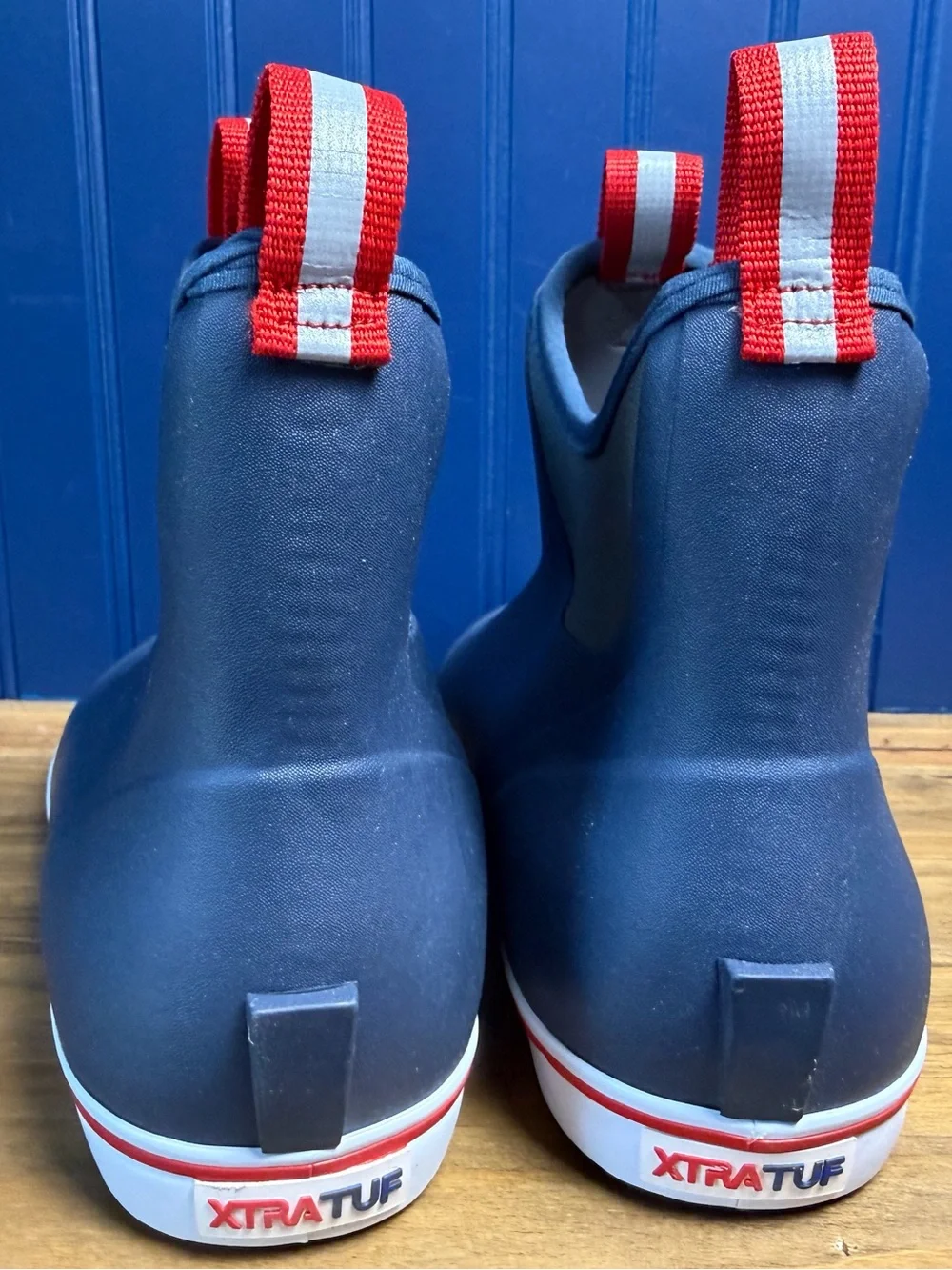 XTRATUF Men’s 12 Ankle Deck Boots Navy Red Waterproof Fishing Rain Boots